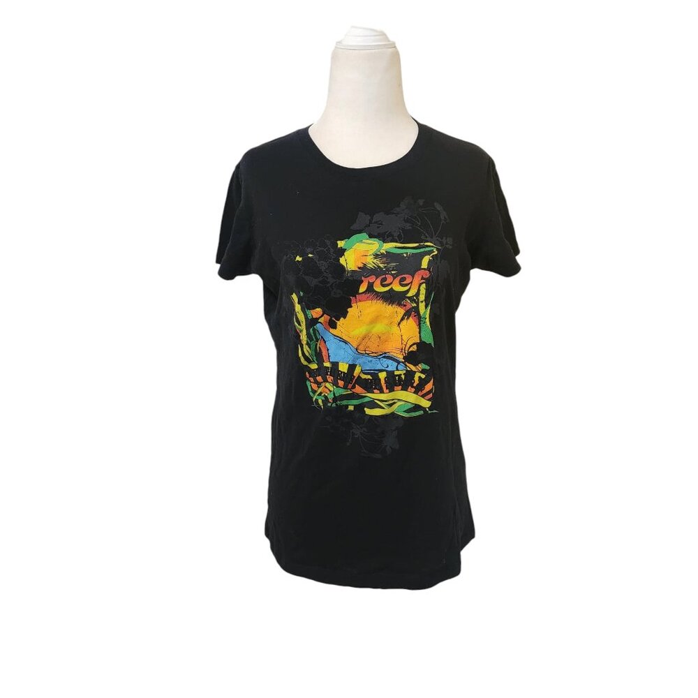 Reef Black Colorful Surf Coral Logo Shirt Top Juniors Large
